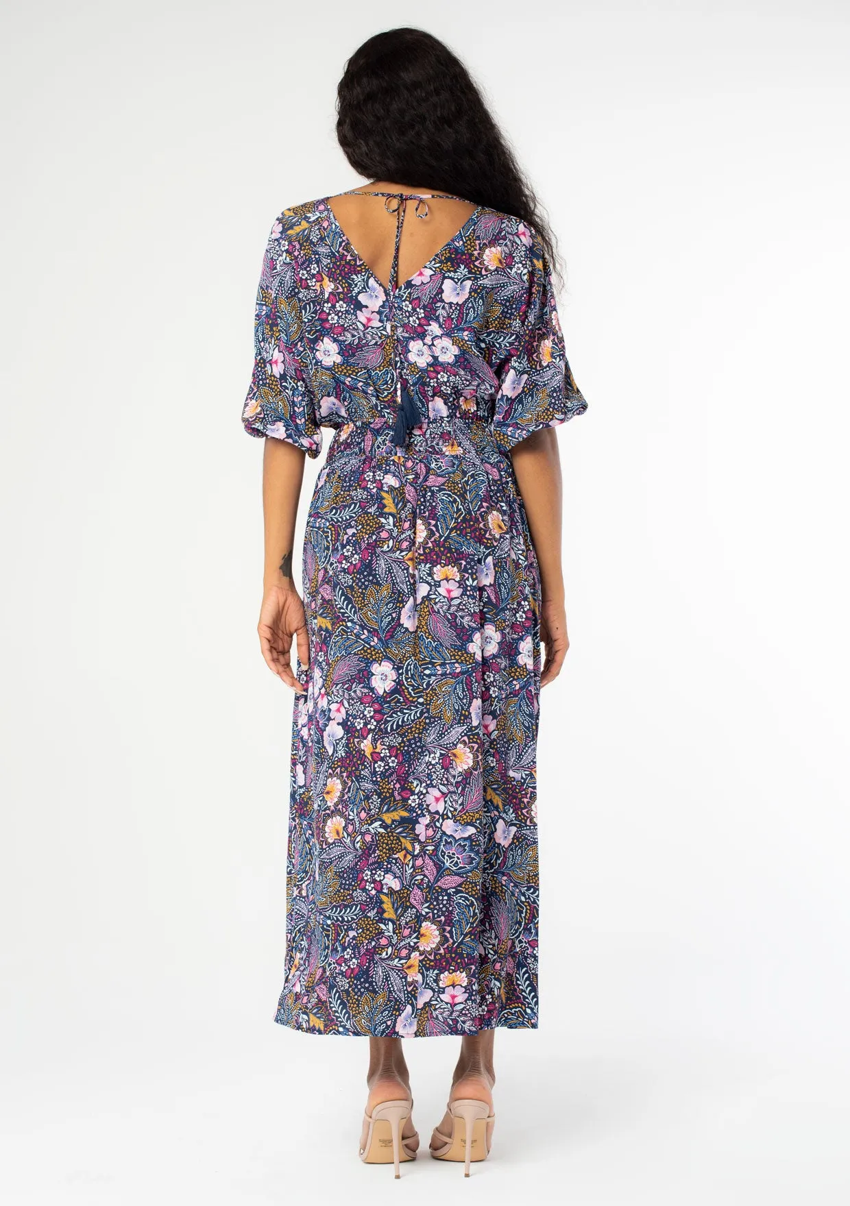 Floral Dolman Sleeve V Neck Smocked Maxi Dress