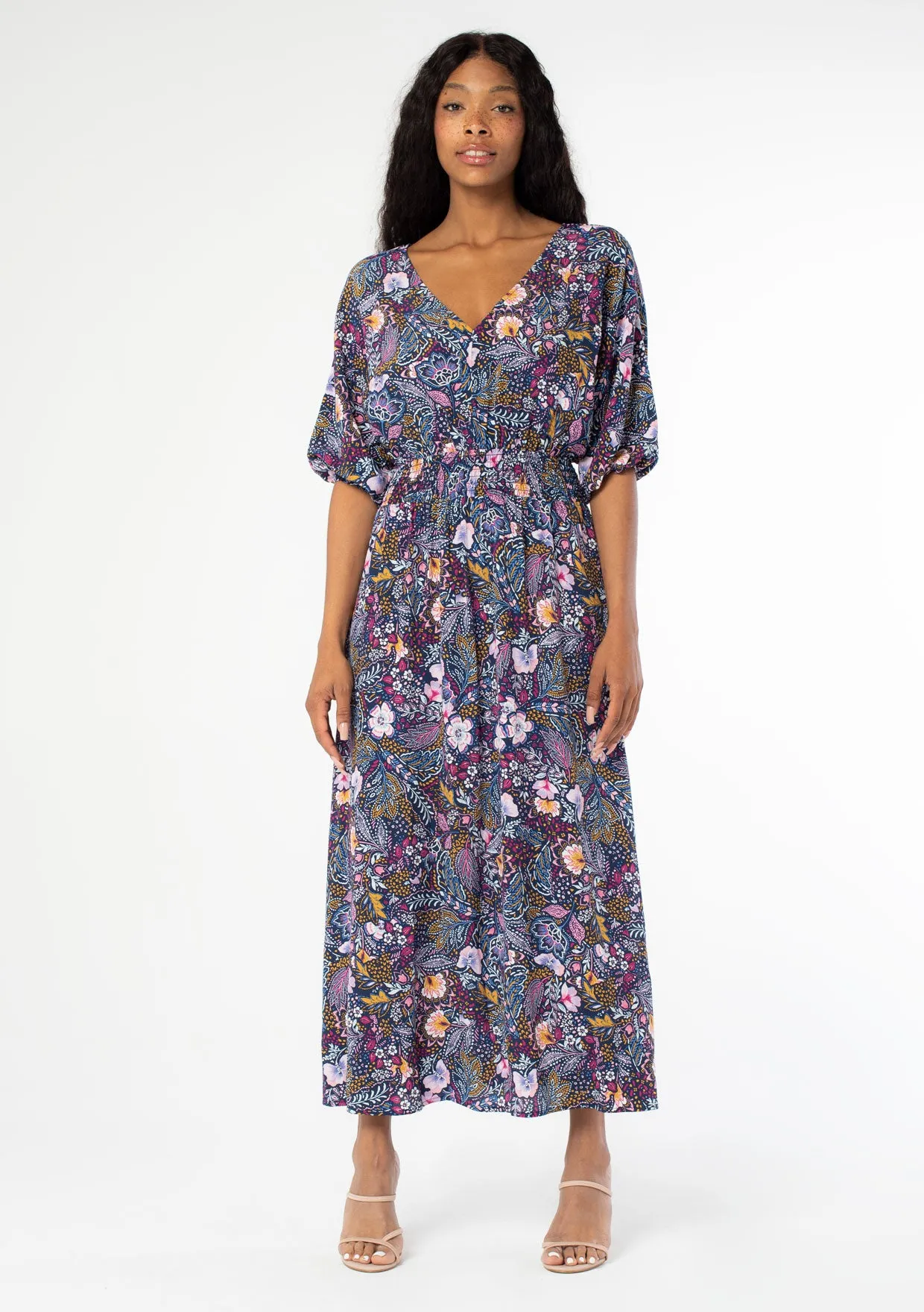 Floral Dolman Sleeve V Neck Smocked Maxi Dress