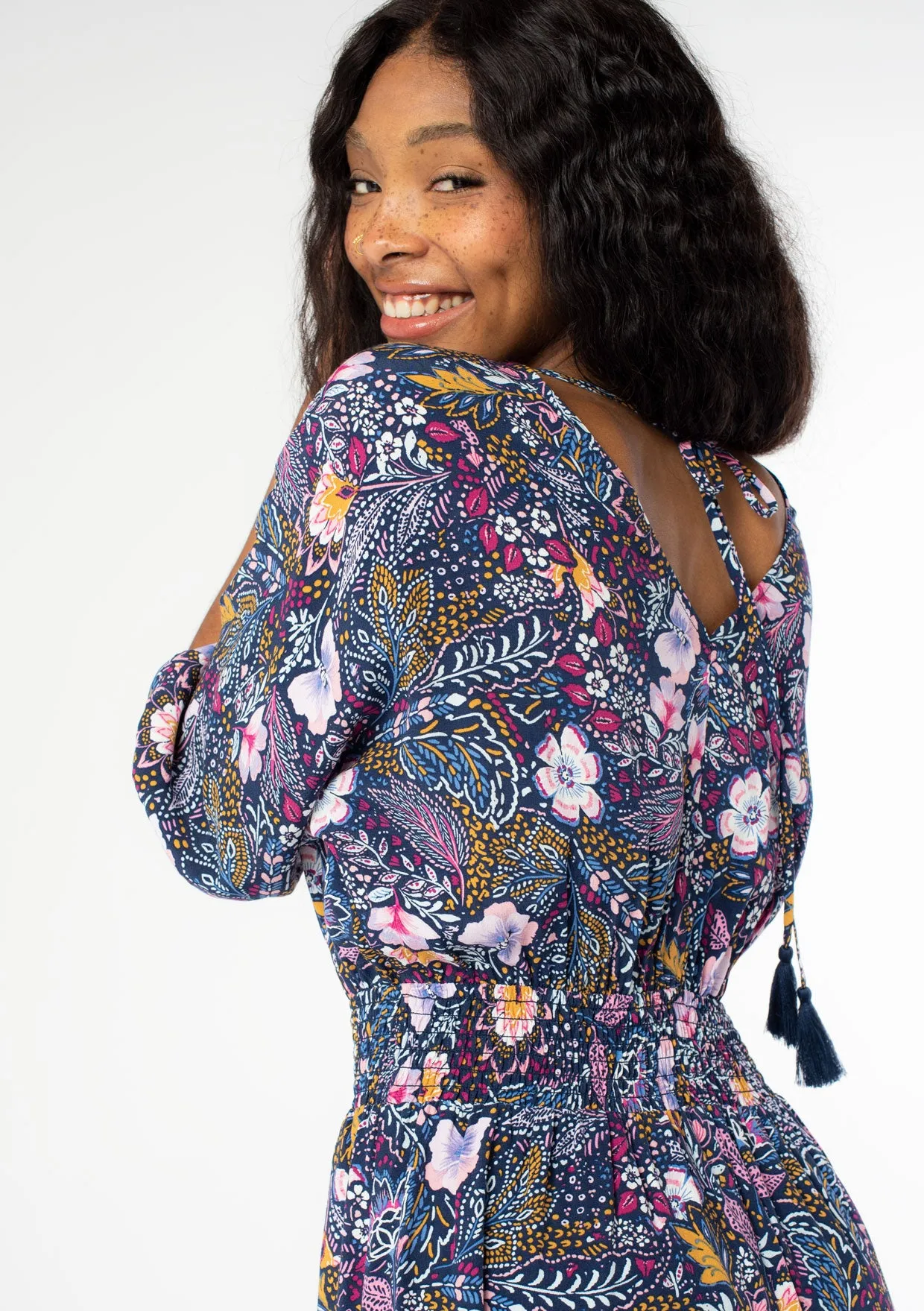 Floral Dolman Sleeve V Neck Smocked Maxi Dress