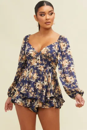 Floral Long Sleeve Romper in Navy