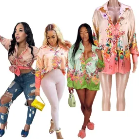 Flower and Bird Print Casual Tops