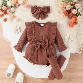 Girls Fashion Simple Sunken Stripe Long Sleeve Bowknot Siamese Triangle Romper With Long Socks