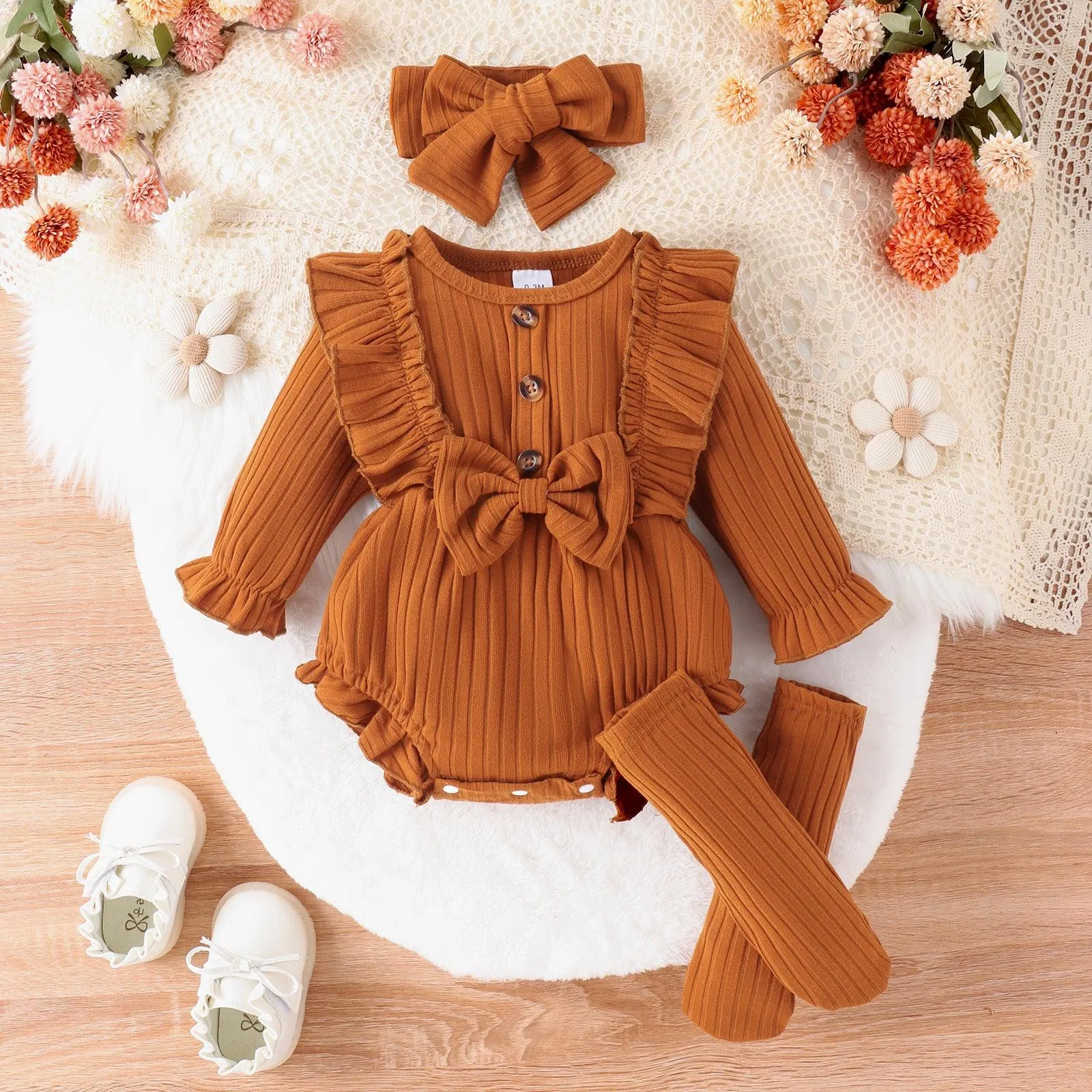 Girls Fashion Simple Sunken Stripe Long Sleeve Bowknot Siamese Triangle Romper With Long Socks