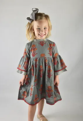 Grey Floral Dress With Pin Stipe Trim