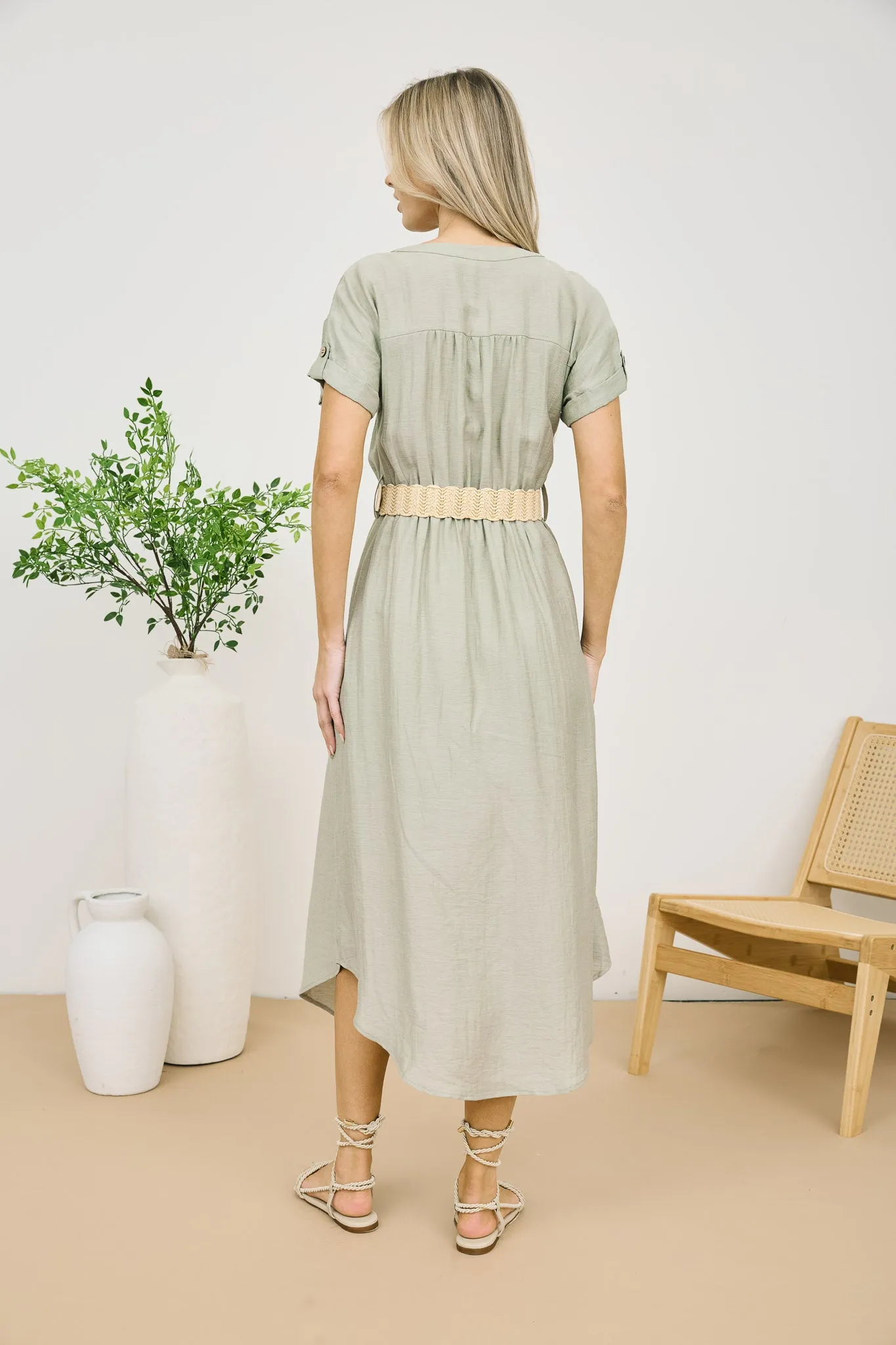 HALF BUTTON SHORT SLEEVE BELTED MIDI SHIRT DRESS
