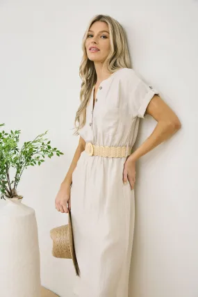 HALF BUTTON SHORT SLEEVE BELTED MIDI SHIRT DRESS