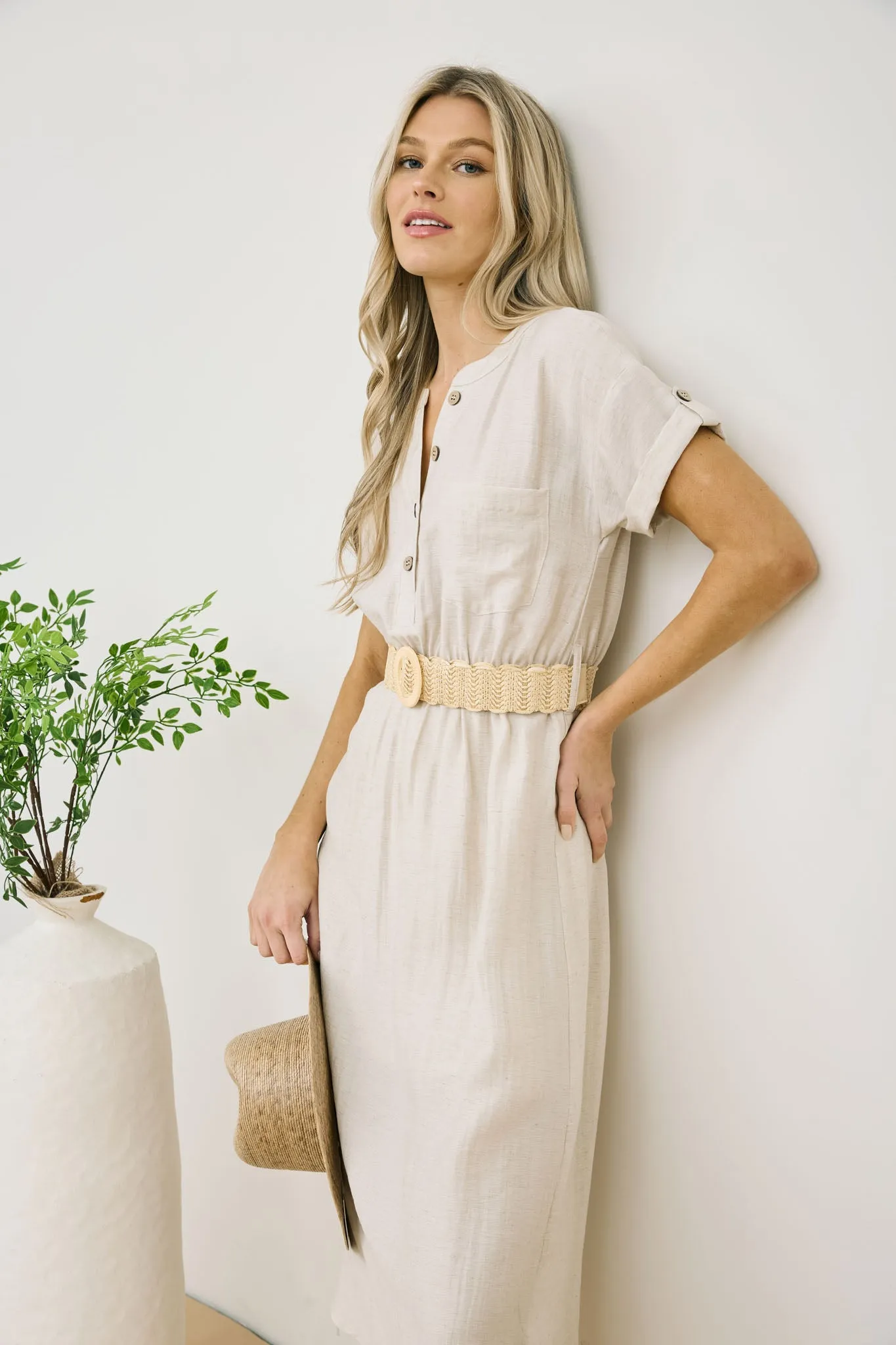 HALF BUTTON SHORT SLEEVE BELTED MIDI SHIRT DRESS