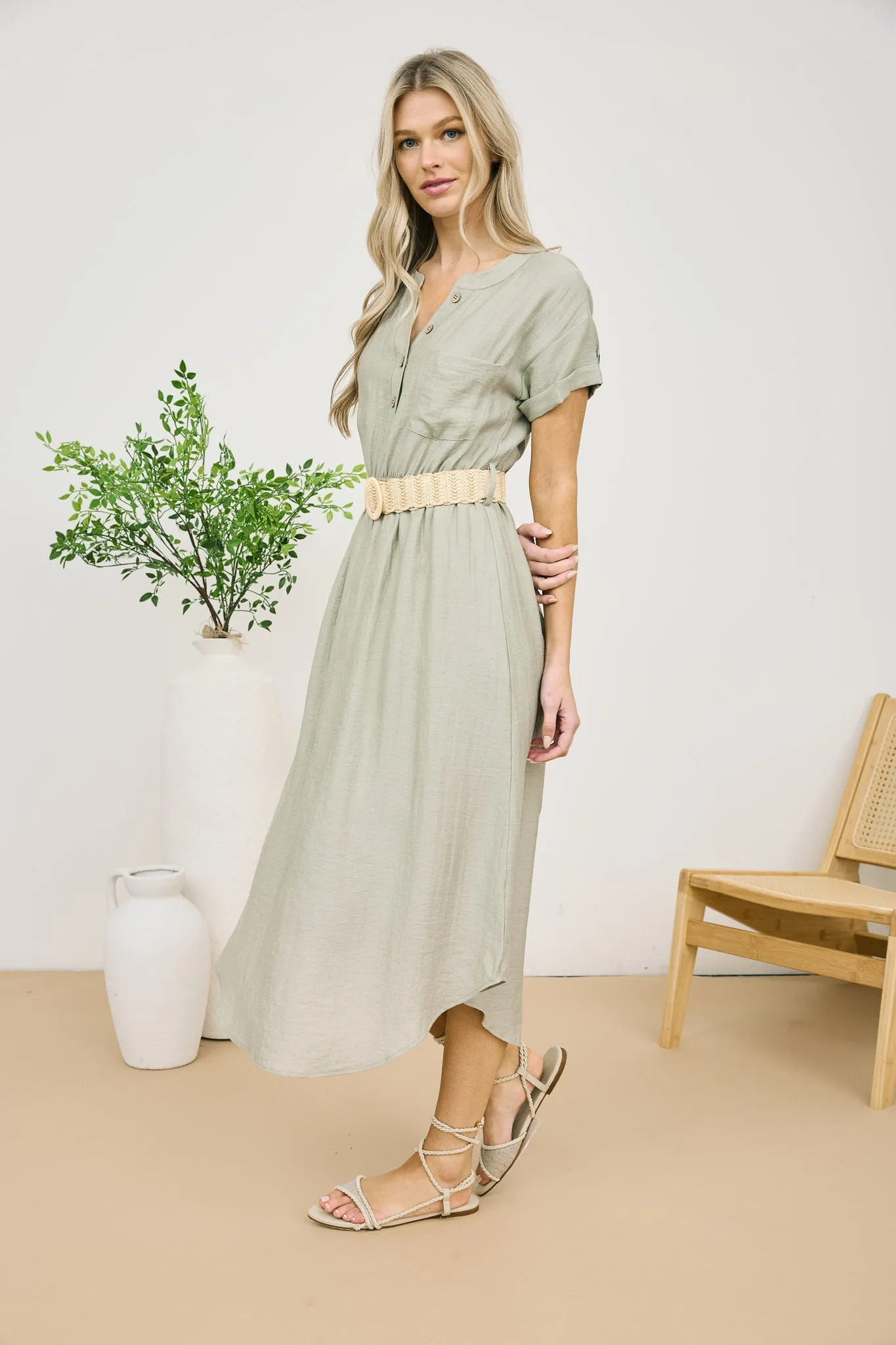 HALF BUTTON SHORT SLEEVE BELTED MIDI SHIRT DRESS