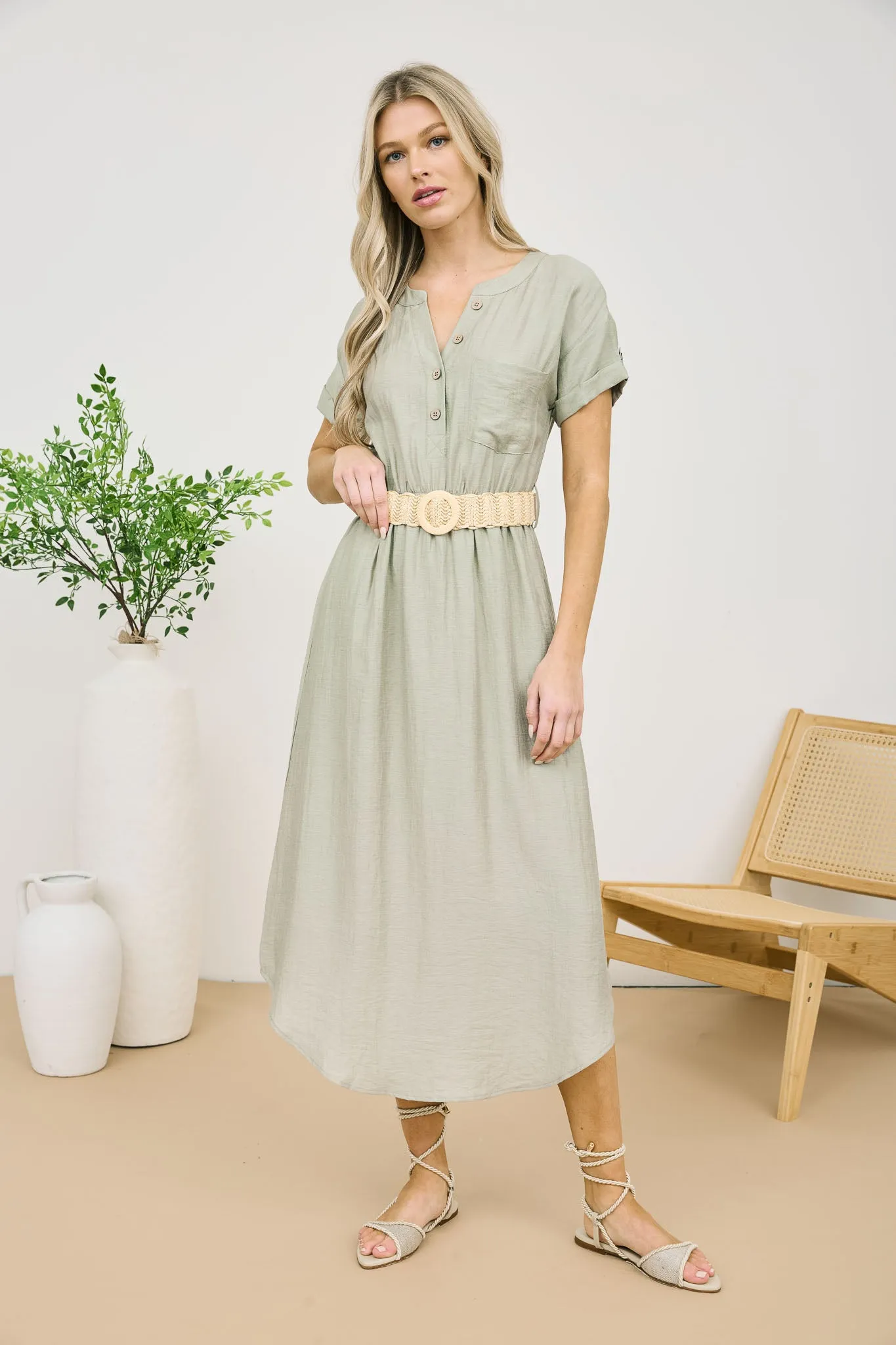 HALF BUTTON SHORT SLEEVE BELTED MIDI SHIRT DRESS