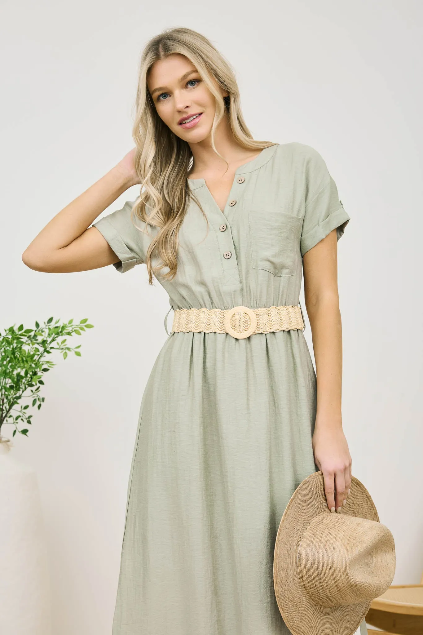 HALF BUTTON SHORT SLEEVE BELTED MIDI SHIRT DRESS