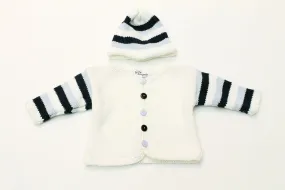 Hand Made White/navy Cardigan & Hat Set