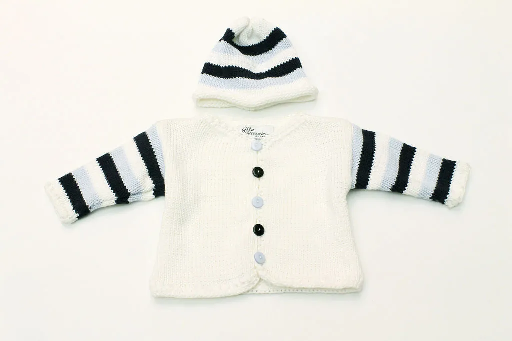 Hand Made White/navy Cardigan & Hat Set