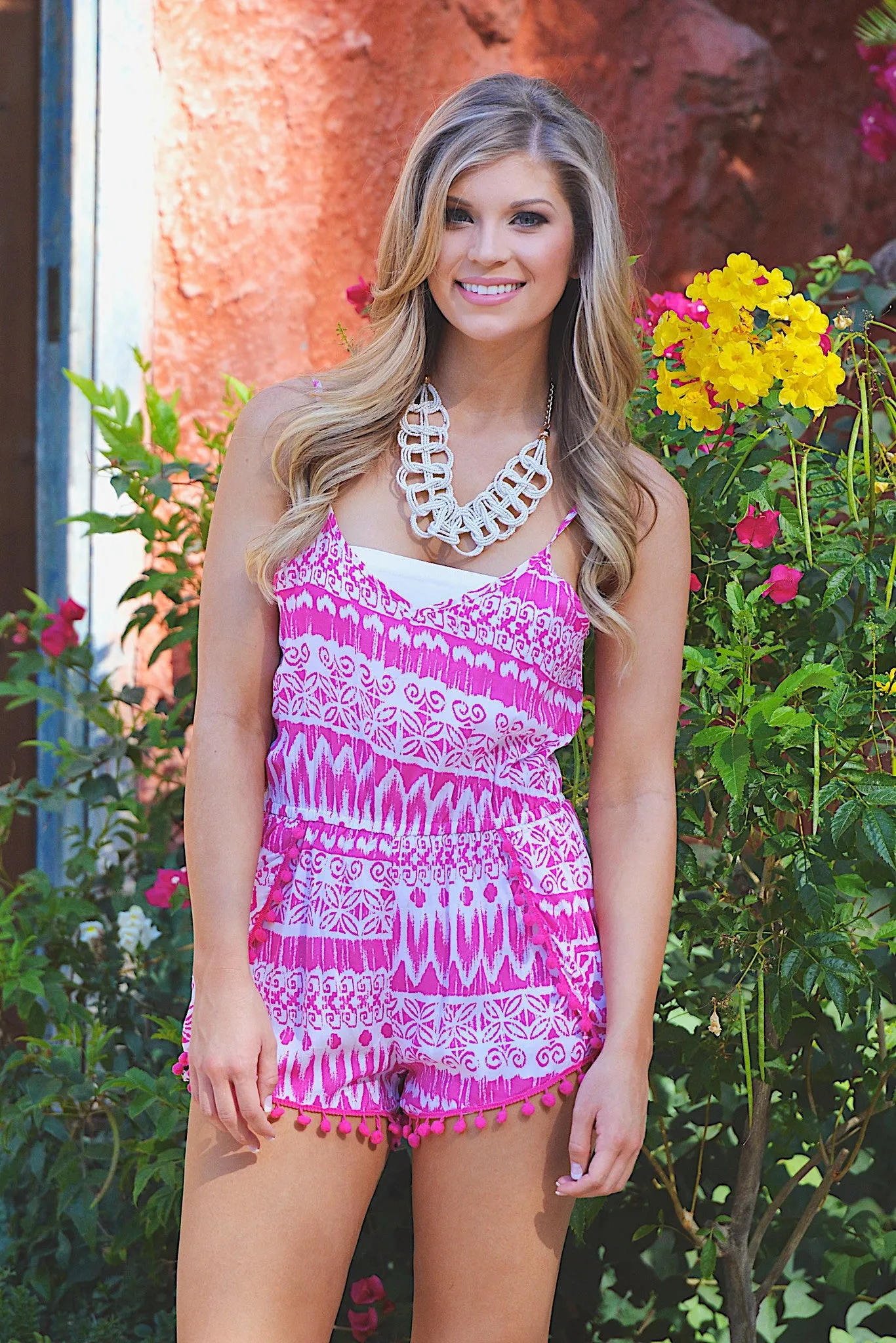 In The Pom Of Your Hand Romper - Fuchsia