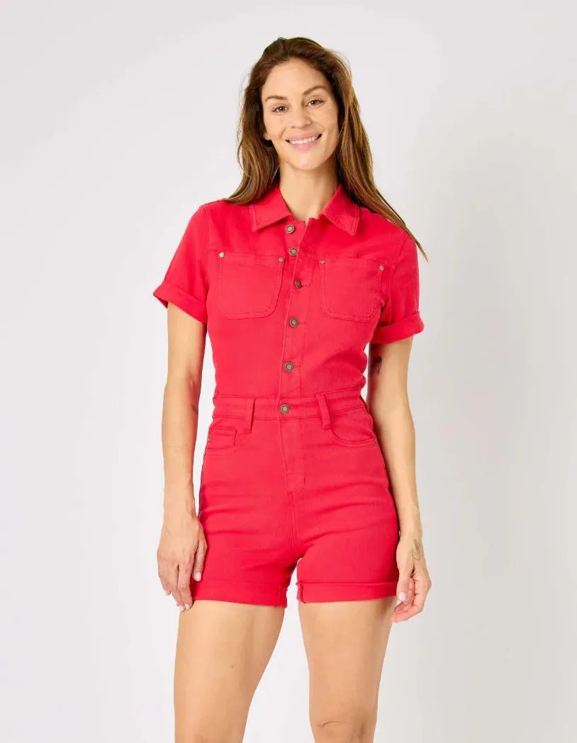 Judy Blue HW Garment Dyed Short Sleeve Romper - Red