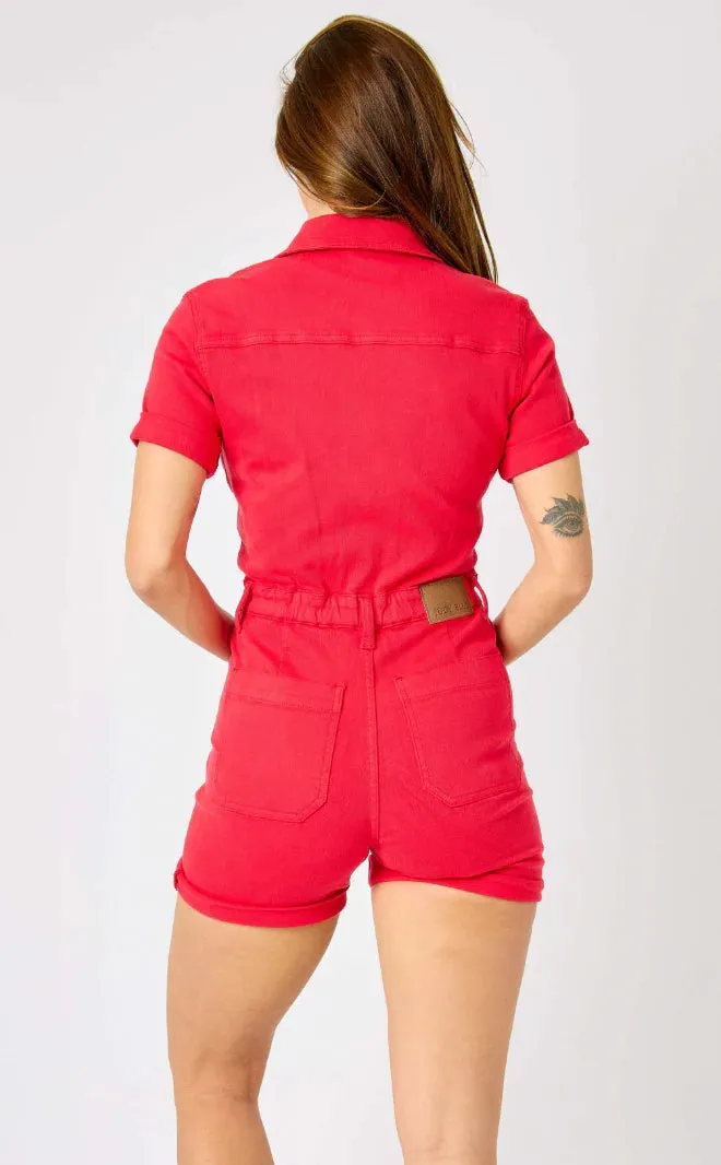 Judy Blue HW Garment Dyed Short Sleeve Romper - Red