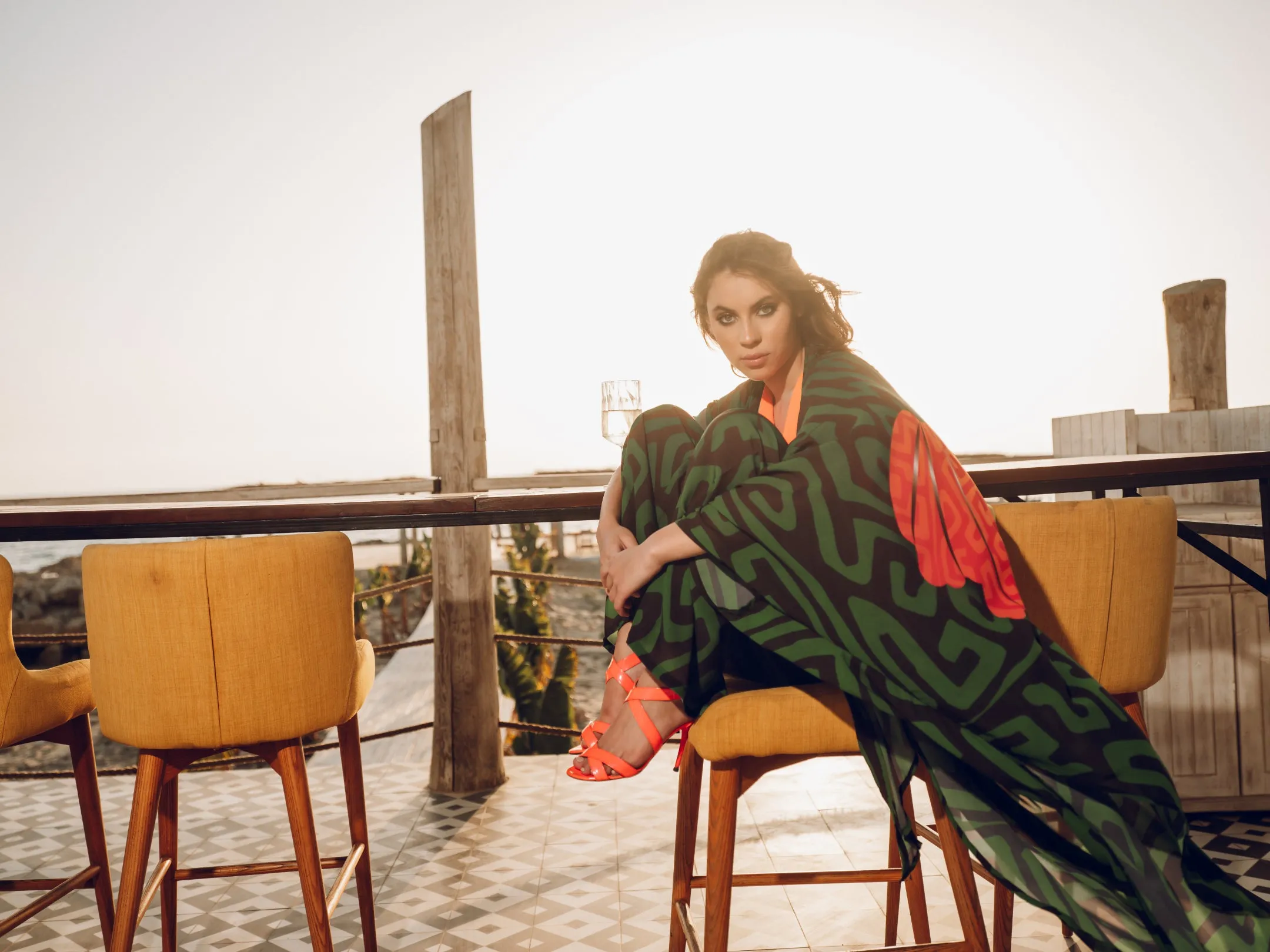 KIMORA GREEN AND BLACK SPIRAL TURBAN KIMONO SET