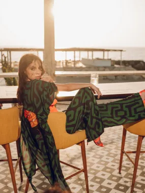 KIMORA GREEN AND BLACK SPIRAL TURBAN KIMONO SET