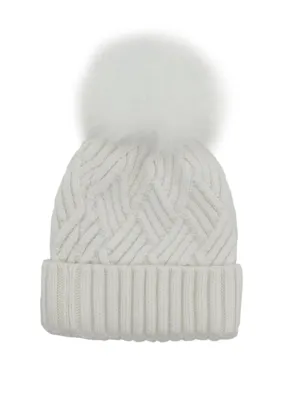 Knit White Hat with Fox Pompom