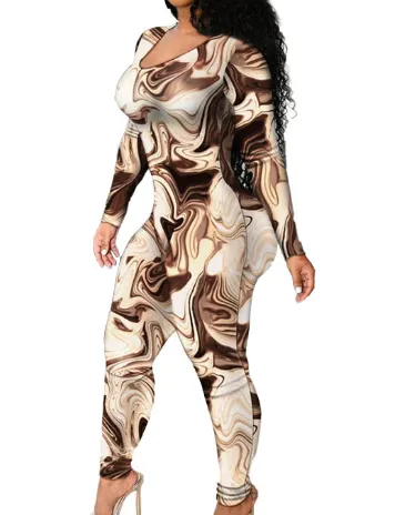 Low-Cut Tethered Skinny Printed Wholesale Women Jumpsuit