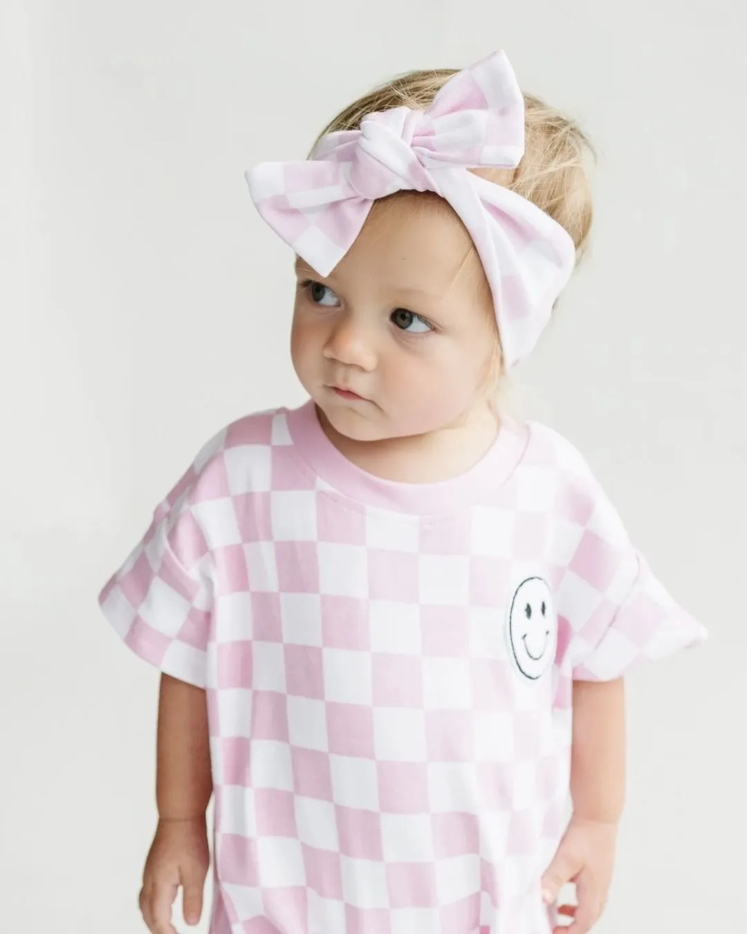 LPK Short Sleeve Bubble Romper - Checkered Smiley Pink