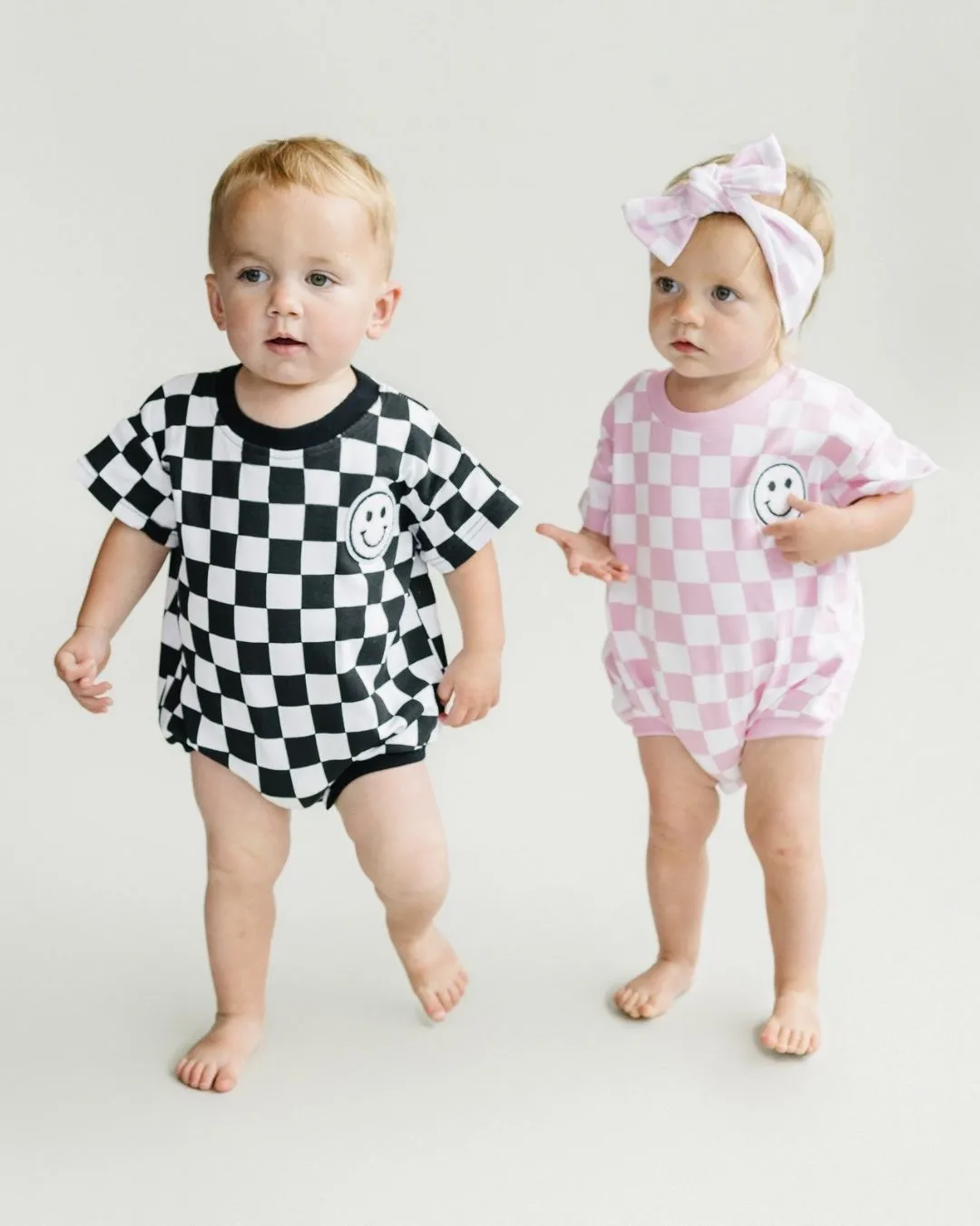LPK Short Sleeve Bubble Romper - Checkered Smiley Pink