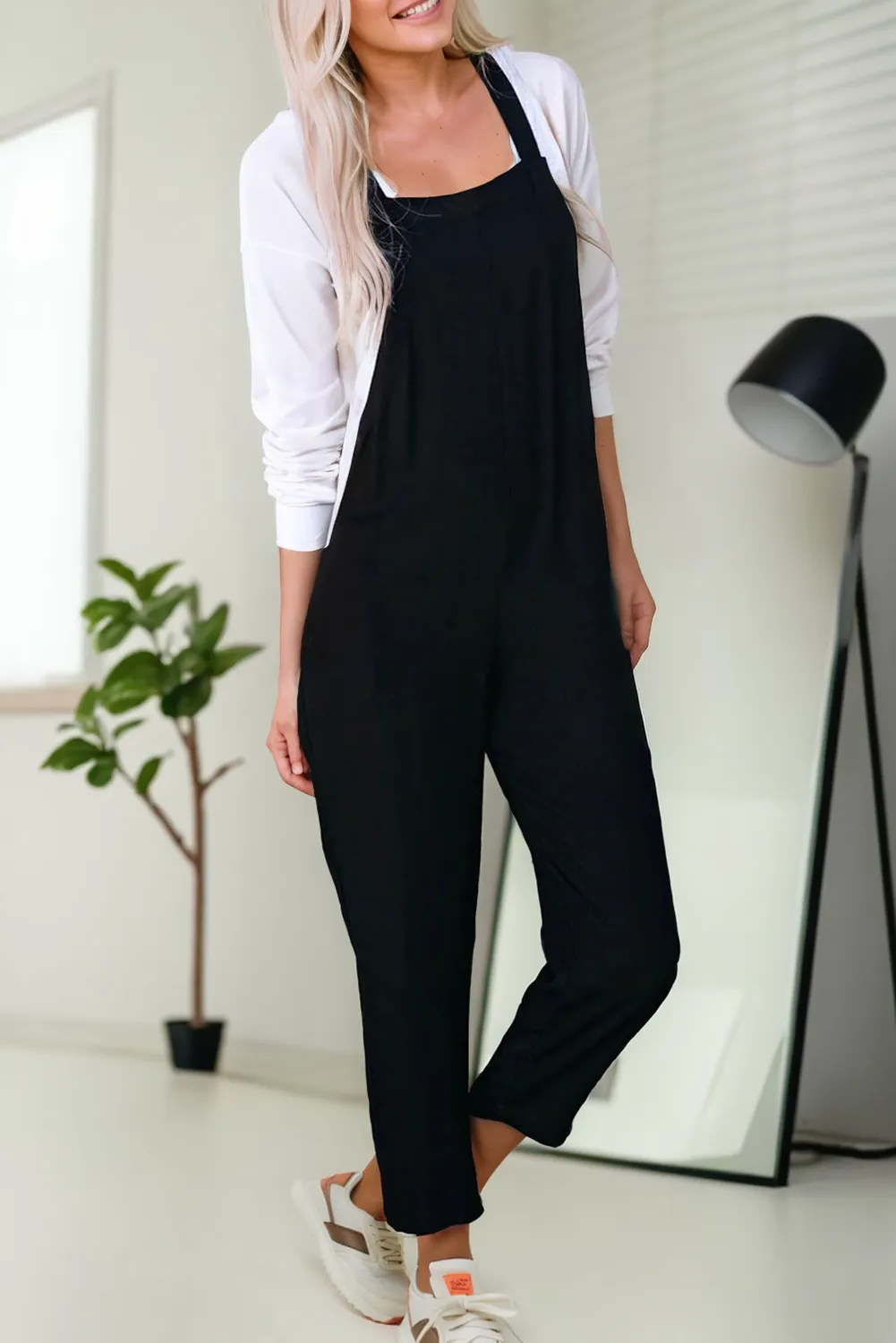 MaLena - Buckle Strap Cropped Jumpsuit - Black