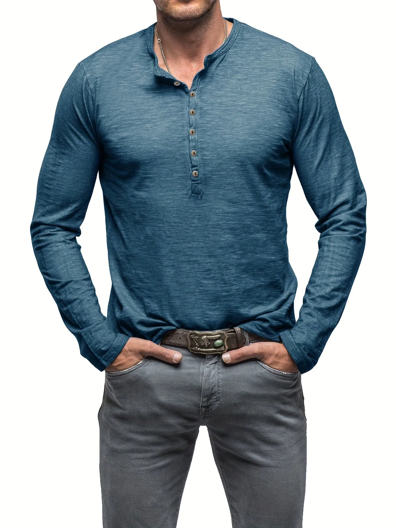 ManWarm - Heren Lange Mouw Casual Henley Shirt met Knopdetail