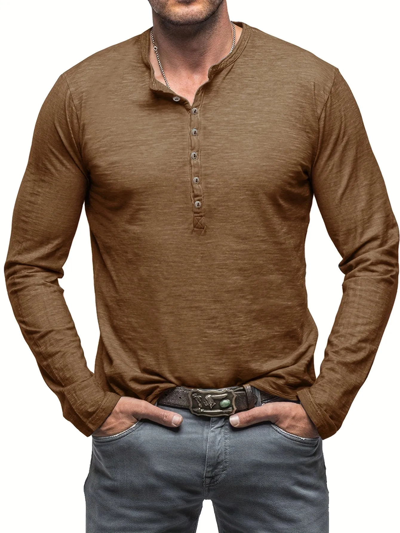 ManWarm - Heren Lange Mouw Casual Henley Shirt met Knopdetail