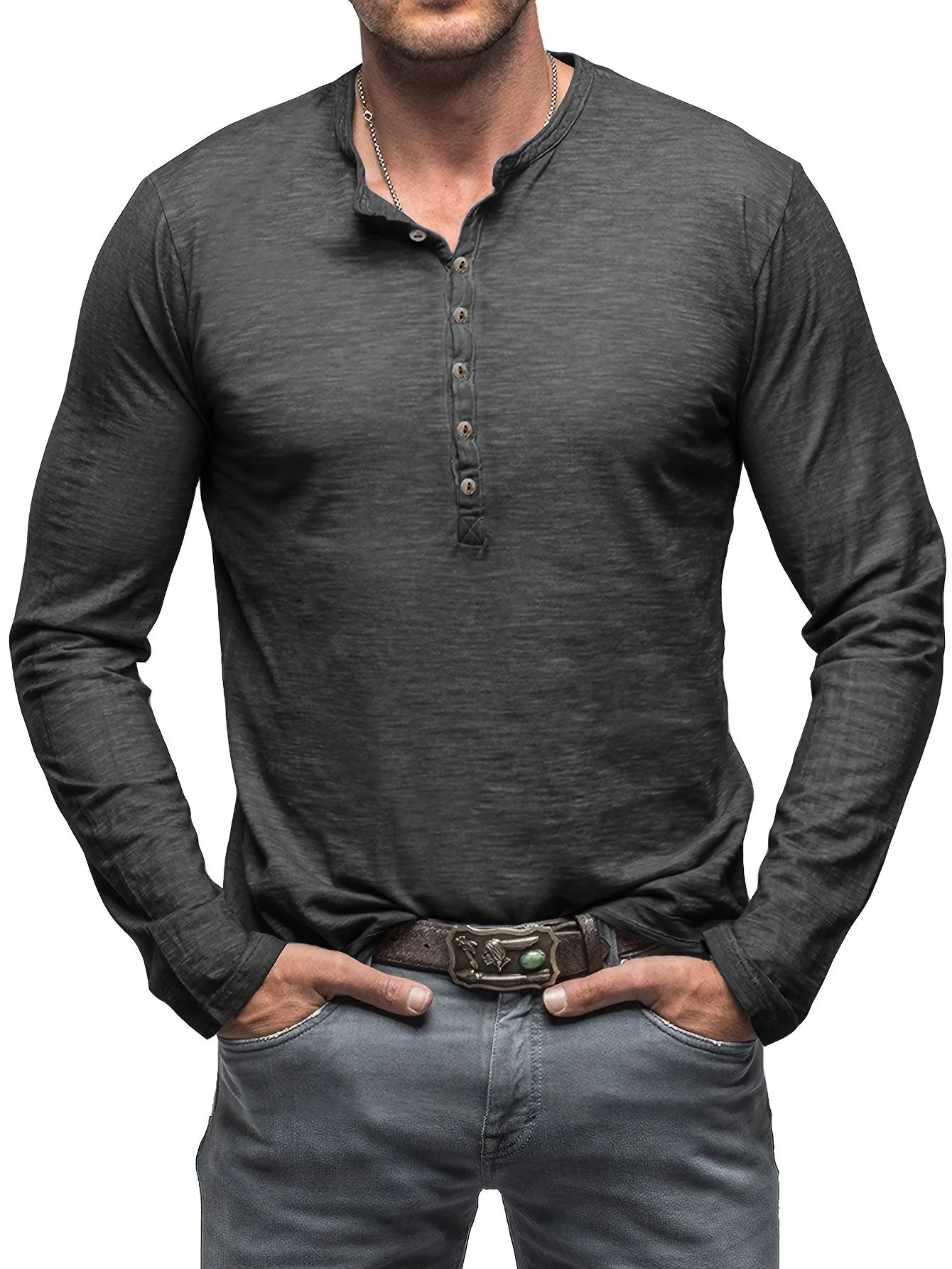 ManWarm - Heren Lange Mouw Casual Henley Shirt met Knopdetail