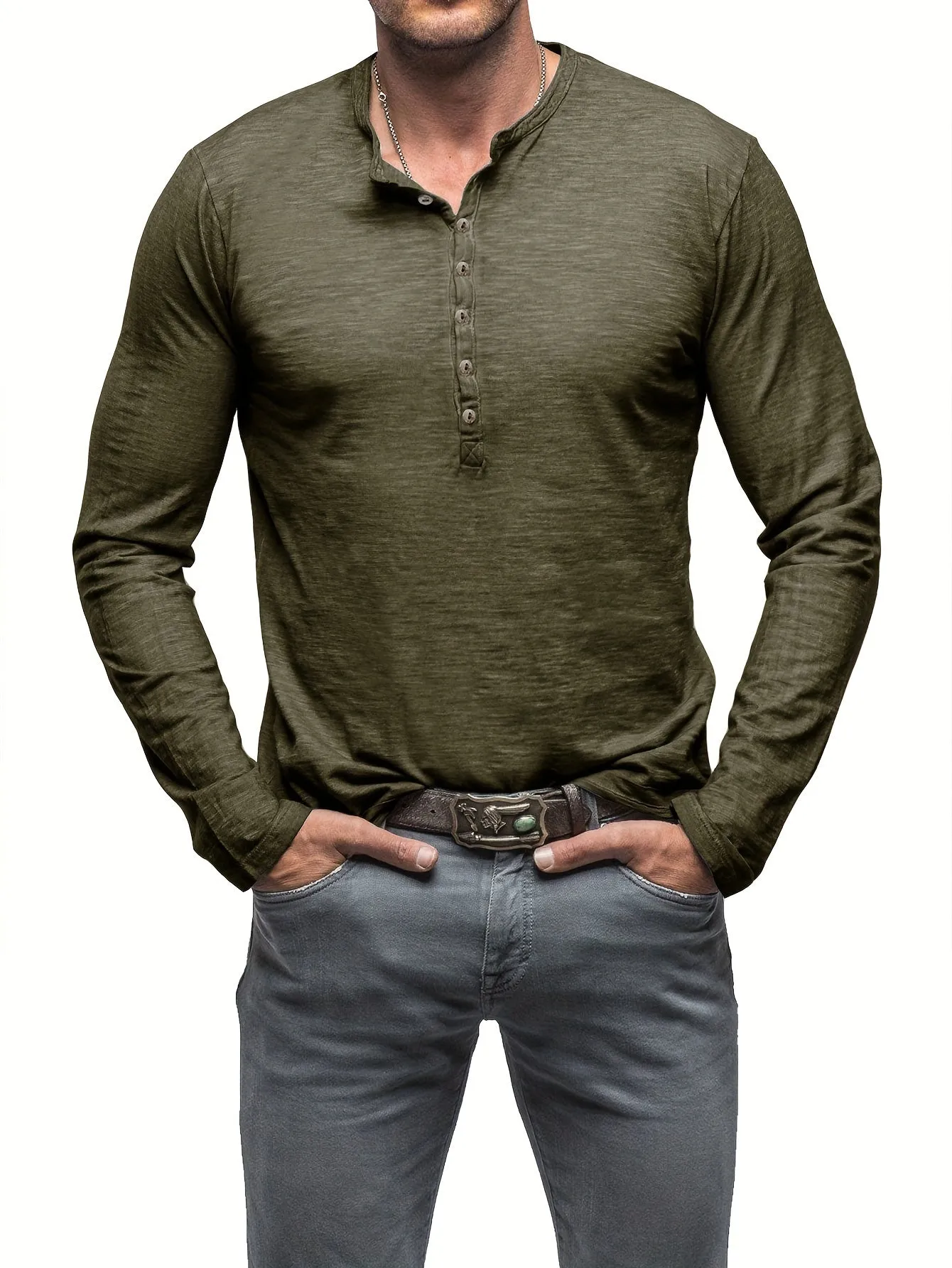ManWarm - Heren Lange Mouw Casual Henley Shirt met Knopdetail