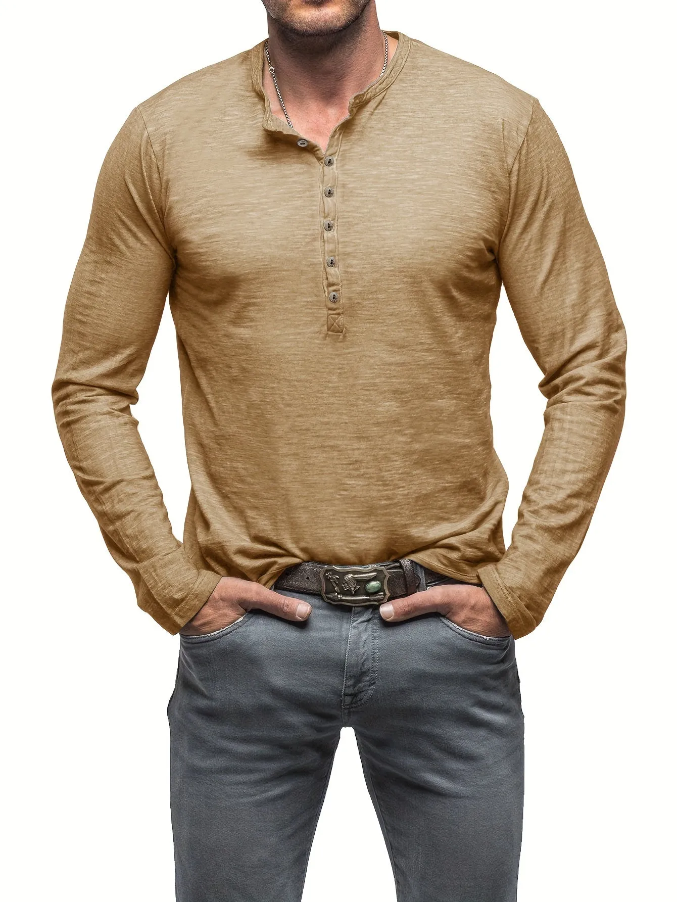 ManWarm - Heren Lange Mouw Casual Henley Shirt met Knopdetail