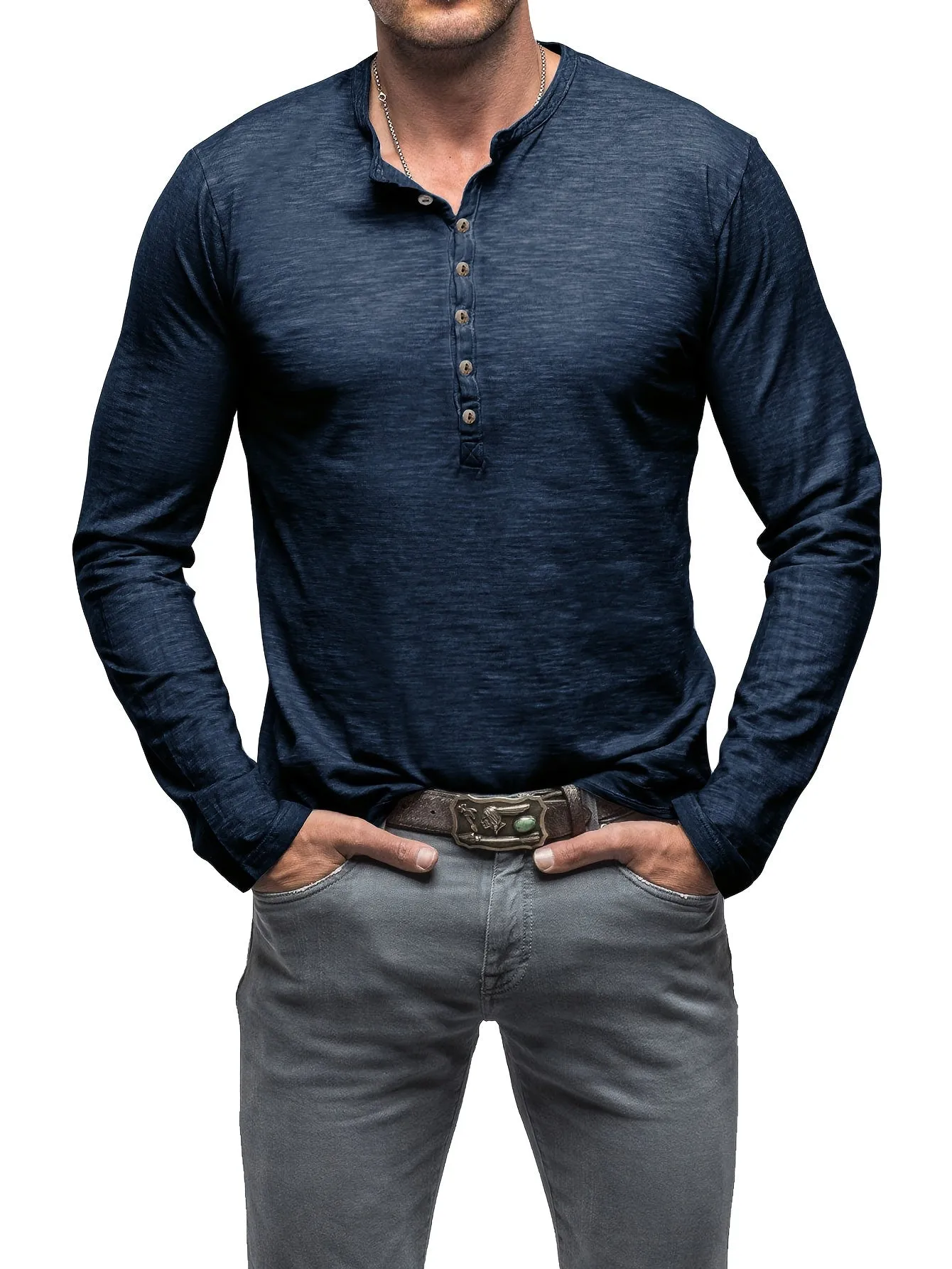 ManWarm - Heren Lange Mouw Casual Henley Shirt met Knopdetail