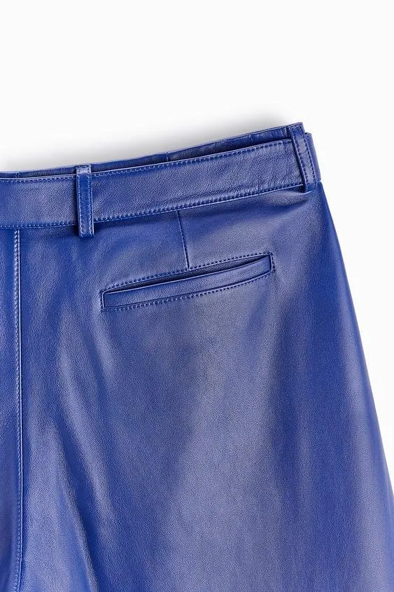 Men's Blue Sheepskin Leather Real Biker Pants