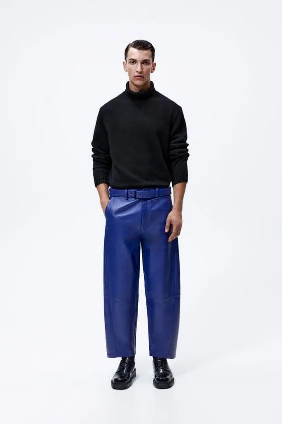 Men's Blue Sheepskin Leather Real Biker Pants