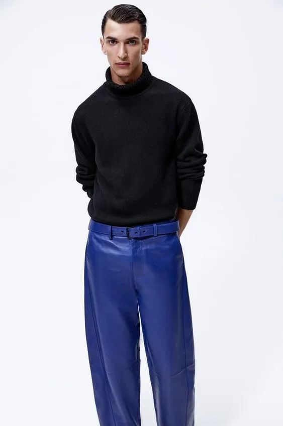 Men's Blue Sheepskin Leather Real Biker Pants