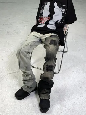 Mens Edgy Tattered Pants with Patched Stitching - Avant-Garde Style