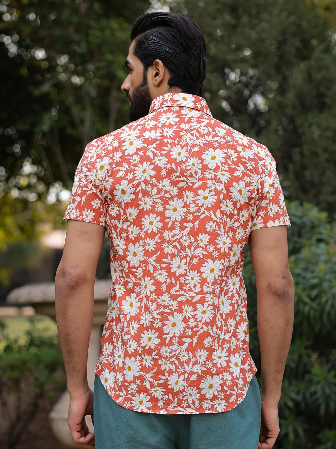 Men's Floral Print Pure Cotton Orange Casual Shirt