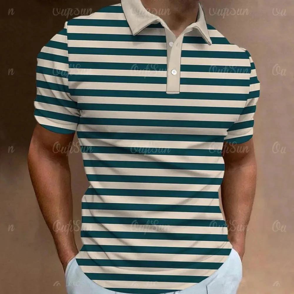 Men's Striped Short Sleeve Polo Shirt-Casual Loose T Shirts