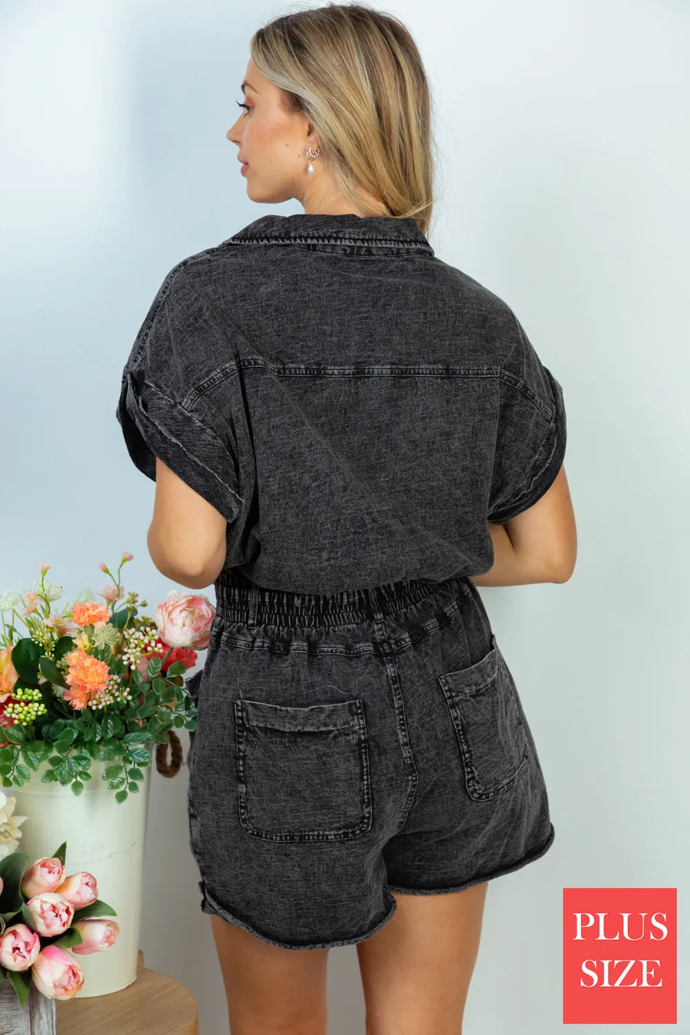 Mineral Washed Romper - black