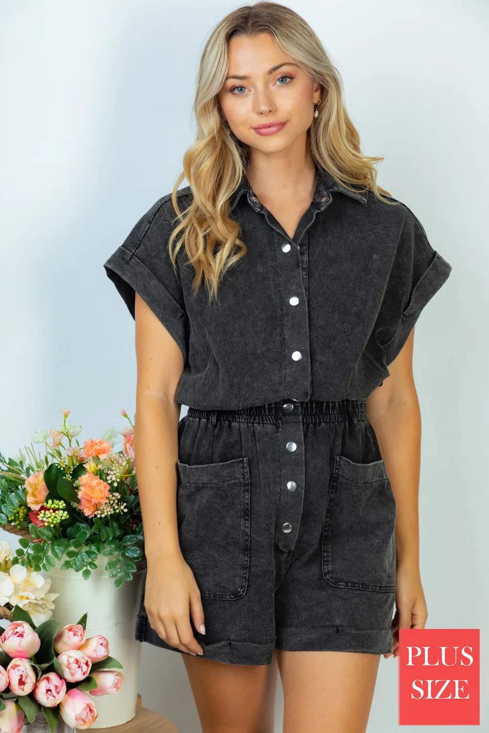 Mineral Washed Romper - black