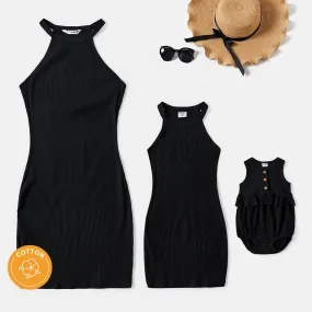 Mommy and Me Black Cotton Ribbed Halter Bodycon Dresses