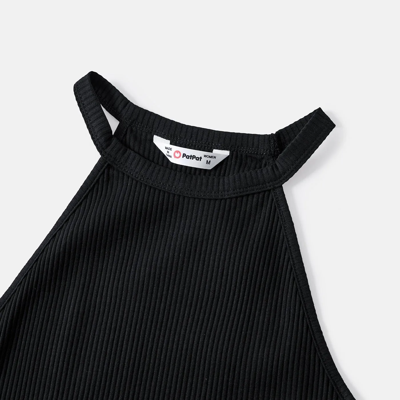 Mommy and Me Black Cotton Ribbed Halter Bodycon Dresses