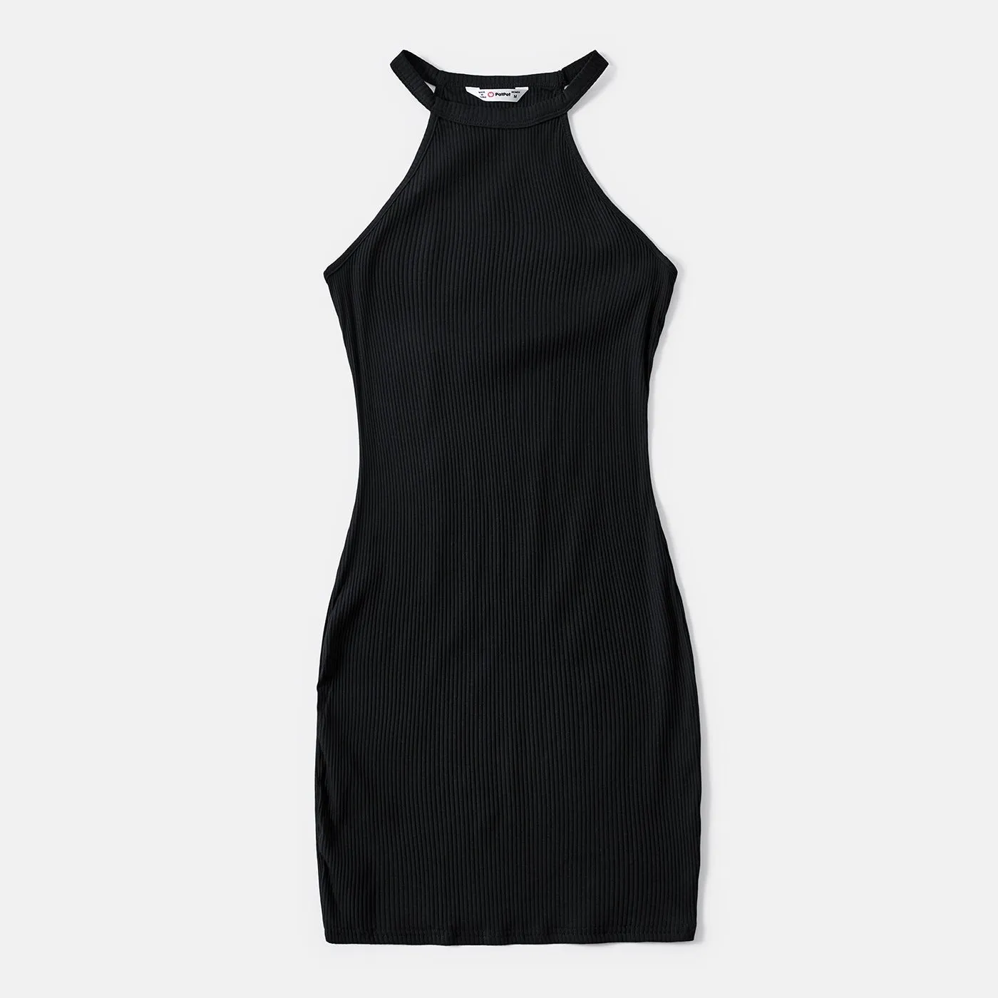 Mommy and Me Black Cotton Ribbed Halter Bodycon Dresses
