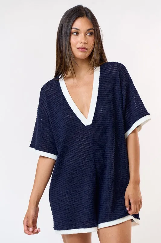 Navy Waffle Knit Contrast Romper
