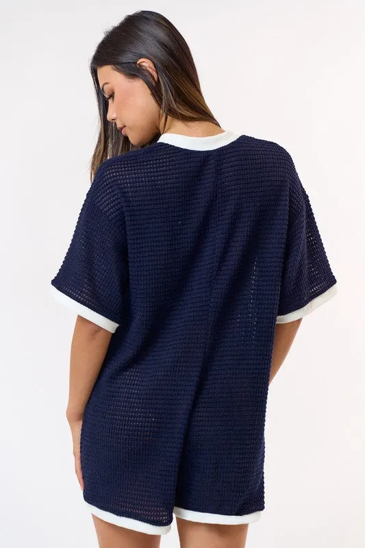 Navy Waffle Knit Contrast Romper