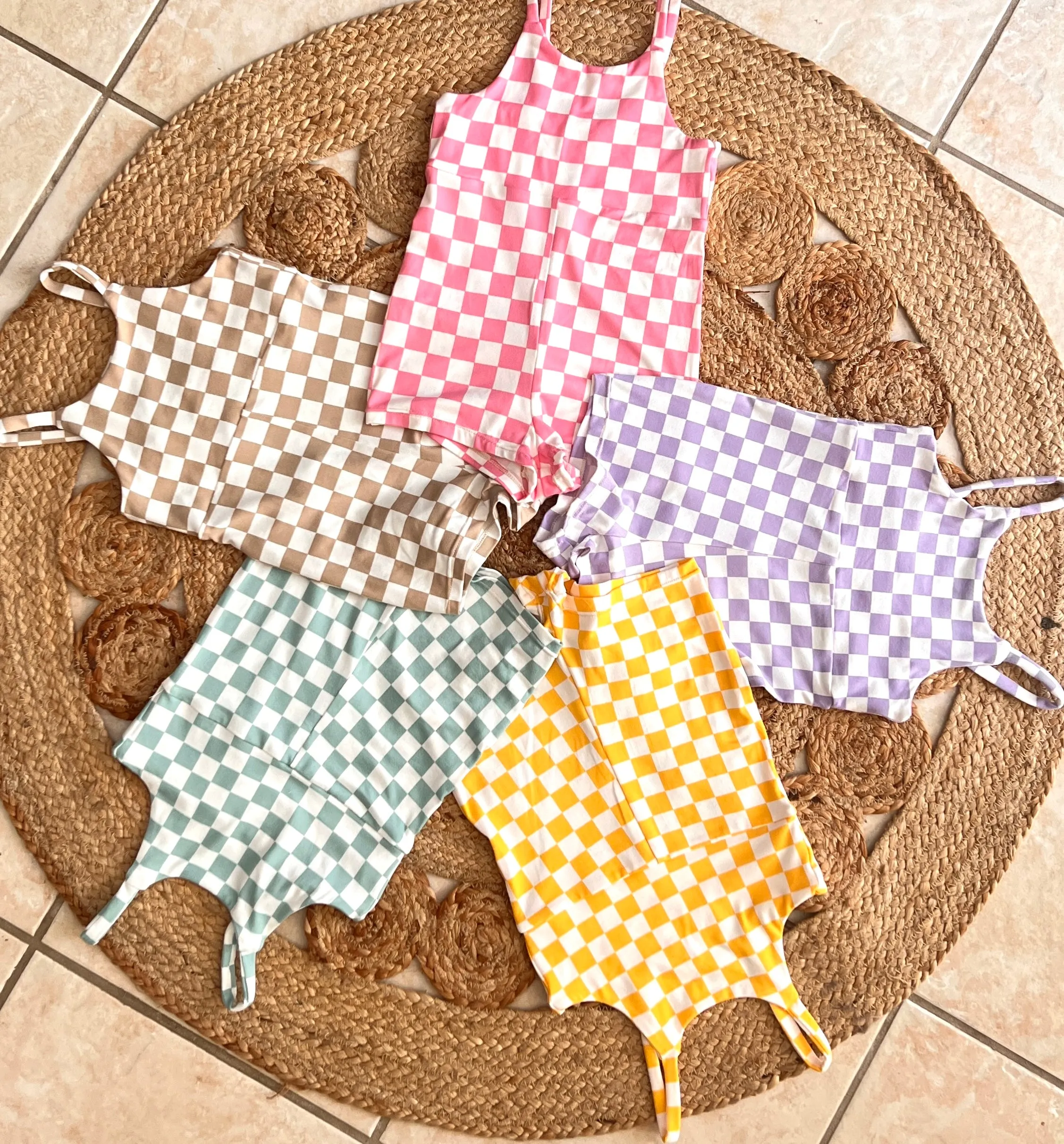 Olivia Checkered Romper in Beige