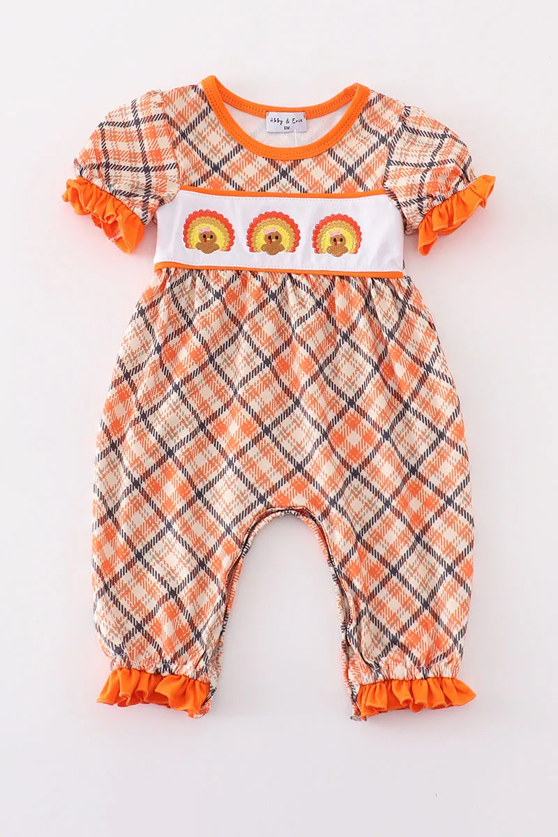 Orange Turkey Embroidery Girl Romper
