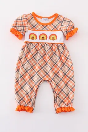 Orange Turkey Embroidery Girl Romper