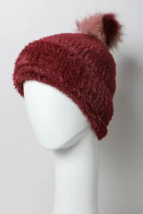 Plush Faux Mohair Knit Beanie  - Burgundy