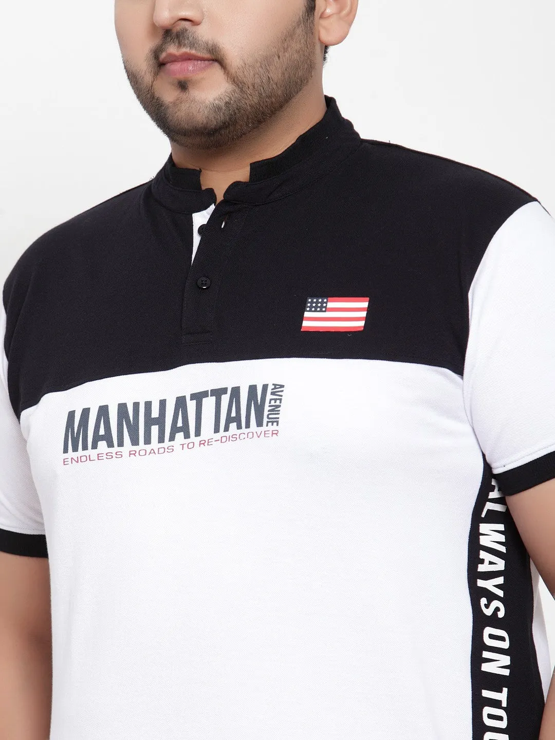 plusS Men White Colourblocked Henley Neck T-shirt